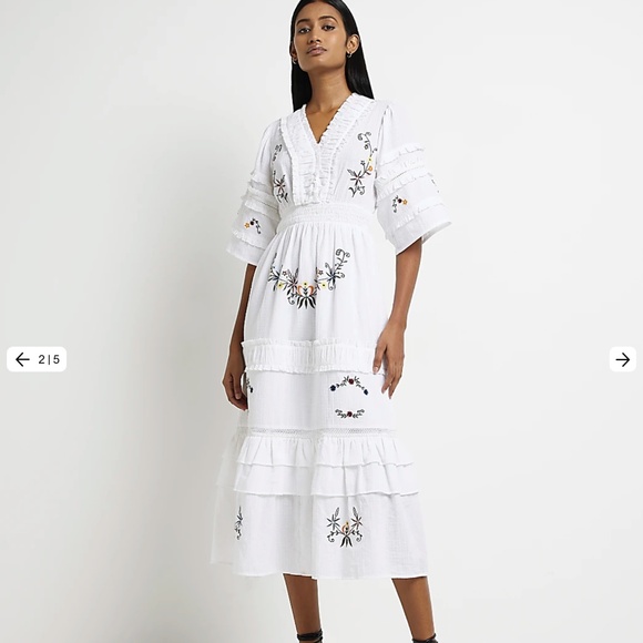 River Island White embroidered smock midi dress - Picture 1 of 6